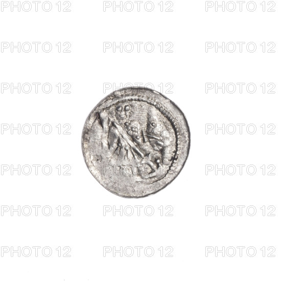 Denarius, Boleslaw III Krzywousty (prince of Poland; 1107–1138). Obverse: in beaded border, a knight in chain mail thrusting a spearhead into the jaws of an upside-down dragon; a ball between the knight's legs. Reverse: in triple beaded border, an isosceles equal-armed cross topped with balls, one ball between each arm. Iconography: knight, dragons, spears/spearhead, chain mail, equal-armed cross, mouths, martyrs, fight between good and evil, fight against pagans, Romanesque style; associated with Saint Adalbert. Date ca. 1125–1138. Mint: Kraków, Poland. Coin. Diameter 12.1–12.3 mm. Weight 0.38 g.