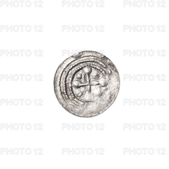 denarius, Boleslaw III Krzywousty (prince of Poland; 1107–1138), allegories, Boleslaw III Krzywousty (prince of Poland; 1086–1138), spearhead (issue mark), chain mail (iconographic), crosses, chain mail, equal-armed cross (iconographic), mouth (iconographic), martyrs, Romanesque (style), knight (iconographic), knights, dragons, mouths, dragon (iconographic), Middle Ages, fight between good and evil (iconographic), fight against pagans (iconographic), Adalbert (Saint; ca. 956–997), spears, spear (iconographic). Obv.: In the beaded border, a knight in chain mail thrusting a spearhead into the jaws of a dragon turned upside down; a ball between the knight's legs. Rv.: In the triple beaded border, an isosceles cross topped with balls, one ball between each arm. ca. 1125–1138, Kraków, Poland; coin; diameter 12.1–12.3 mm; weight 0.38 g