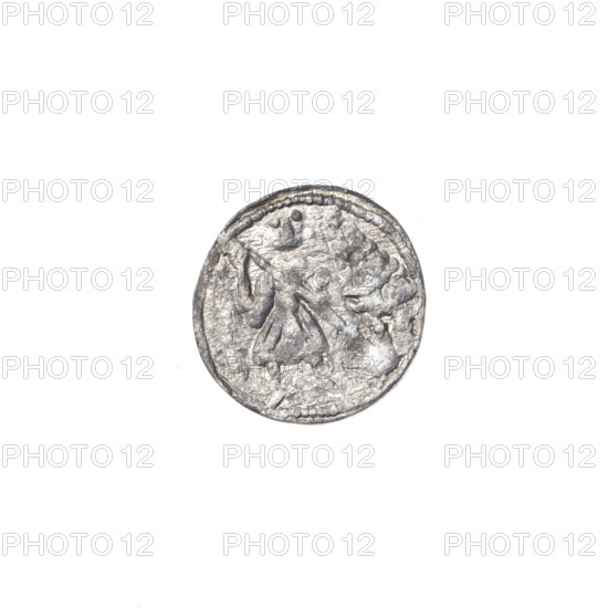 Denarius of Boleslaw III Krzywousty (prince of Poland; 1086–1138 / reign 1107–1138). Obverse: in the beaded border, a knight in chain mail thrusting a spearhead into the jaws of an upside-down dragon. Reverse: in the triple beaded border, an isosceles cross topped with balls; at the intersection of the arms, a ball; one ball between the arms. Allegorical imagery of knights, martyrs, fight between good and evil, fight against pagans; Romanesque style. Possible issue mark: spearhead. Associated figure: Adalbert (Saint; ca. 956–997). Date ca. 1125–1138. Poland, Kraków. Coin (denarius). Diameter 11.9–12.3 mm; weight 0.37 g.