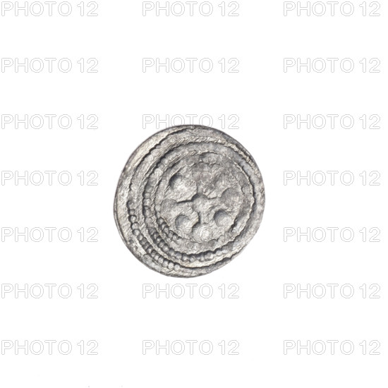 denarius, Boleslaw III Krzywousty (prince of Poland; 1086–1138), Romanesque style, ca. 1125–1138, Poland, Kraków; coin; obverse: in the beaded border, a knight in chain mail thrusting a spearhead into the jaws of an upside-down dragon; reverse: in the triple beaded border, an isosceles cross topped with balls, with a ball at the intersection and one ball between the arms; motifs: allegories, equal-armed cross, crosses, chain mail, spearhead (issue mark), martyrs, knight, dragons, fight between good and evil, fight against pagans, spear(s), Adalbert (Saint; ca. 956–997), mouth(s); diameter 11.9–12.3 mm; weight 0.37 g
