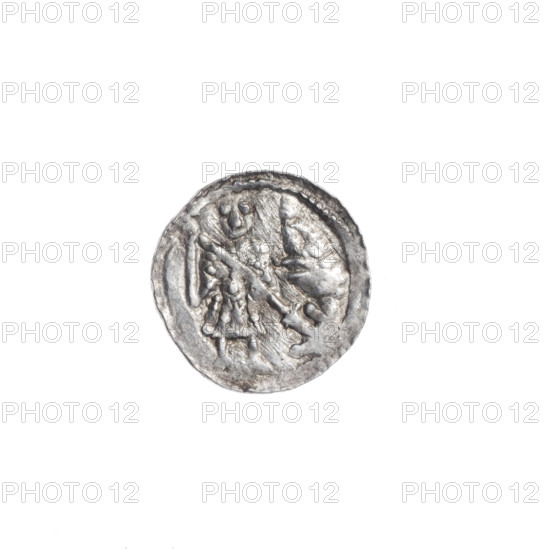 denarius, Boleslaw III Krzywousty (prince of Poland; 1107–1138), allegories, Boleslaw III Krzywousty (prince of Poland; 1086–1138), crosses, equal-armed cross, spearhead (issue mark), chain mail, jaws, martyrs, chain mail, jaws, dragons, Romanesque (style), dragon, knights, Middle Ages, fight between good and evil, fight against pagans, spears, spear, Wojciech (St.; ca. 956–997), Obv. In the beaded border, a knight in chain mail thrusting a spearhead into the jaws of a dragon turned upside down. Rv. In the triple beaded border, an isosceles cross topped with spheres (one of them with a dot). Between its arms, one sphere (two of them with a dot each)., ca. 1125–1138, Poland, Kraków, coin, diameter 12.2–12.7 mm, weight 0.43 g