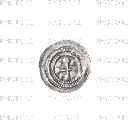 Denarius of Boleslaw III Krzywousty (prince of Poland; ca. 1086–1138), ca. 1125–1138. Obverse: in a beaded border, a knight in chain mail thrusting a spearhead into the jaws of an upside-down dragon. Reverse: in a triple beaded border, an isosceles cross topped with spheres (one with a dot); between its arms, spheres (two with dots). Allegorical Romanesque style; themes: knights, dragons, martyrs, fight between good and evil, fight against pagans. Spear/spearhead issue mark. Material: coin. Diameter: 12.2–12.7 mm. Weight: 0.43 g. Made in Kraków, Poland.