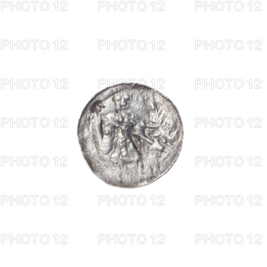 denarius, Boleslaw III Krzywousty (prince of Poland; 1086–1138), allegories, equal-armed cross, crosses, spearhead (issue mark), chain mail, jaws, martyrs, dragons, Romanesque (style), knights, dragon, Middle Ages, knight, Adalbert (Saint; ca. 956–997), fight between good and evil, spear, fight against pagans, spears. Obv. In the beaded border, a knight in chain mail thrusting a spearhead into the jaws of a dragon turned upside down. Rv. In the triple beaded border, an isosceles cross topped with balls (two of them with one dot each). At the intersection of the arms, a ball. Between them, closer to the center, one dot, closer to the ends, one sun (one of them with a dot). ca. 1125–1138, Poland, Kraków, coin, diameter 12.2–12.5 mm, weight 0.34 g