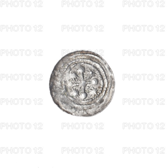 denarius, Boleslaw III Krzywousty (prince of Poland; 1107–1138), allegories, equal-armed cross, crosses, spearhead (issue mark), chain mail, jaws, martyrs, dragons, Romanesque (style), knights, dragon, Middle Ages, knight, Adalbert (Saint; ca. 956–997), fight between good and evil, spear, fight against pagans, spears. Obv.: In the beaded border, a knight in chain mail thrusting a spearhead into the jaws of a dragon turned upside down. Rv.: In the triple beaded border, an isosceles cross topped with balls (two of them with one dot each). At the intersection of the arms, a ball. Between them, closer to the center, one dot; closer to the ends, one sun (one of them with a dot). ca. 1125–1138, Poland, Kraków, coin, diameter 12.2–12.5 mm, weight 0.34 g