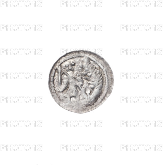 denarius, Boleslaw III Krzywousty (prince of Poland; 1086–1138), allegories, equal-armed cross, spearhead (issue mark), jaws, crosses, chain mail, knight, martyrs, Romanesque (style), dragons, Adalbert (St.; ca. 956–997), fight between good and evil, fight against pagans, Middle Ages, spears, spear. Obv.: In the beaded border, a knight in chain mail thrusting a spearhead into the jaws of a dragon turned upside down. Rv.: In the triple beaded border, an isosceles cross topped with balls; between its arms, one ball (one of them has a dot). In one quarter, closer to the center of the cross, a dot. ca. 1125–1138. Poland, Kraków. Coin. Diameter 11.9–12.2 mm; weight 0.46 g.