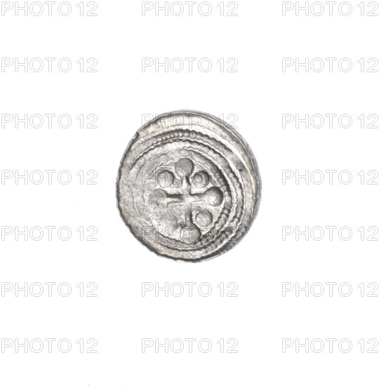 denarius, Boleslaw III Krzywousty (prince of Poland; 1086–1138), allegories, equal-armed cross, spearhead (issue mark), jaws, crosses, chain mail, knight, martyrs, Romanesque (style), dragons, Adalbert (St.; ca. 956–997), fight between good and evil, fight against pagans, Middle Ages, spears, Obv. In the beaded border, a knight in chain mail thrusting a spearhead into the jaws of a dragon turned upside down. Rv. In the triple beaded border, an isosceles cross topped with balls. Between its arms, one ball (one of them has a dot). In one quarter, closer to the center of the cross, a dot. ca. 1125–1138, Poland, Kraków, coin, diameter 11.9–12.2 mm, weight 0.46 g