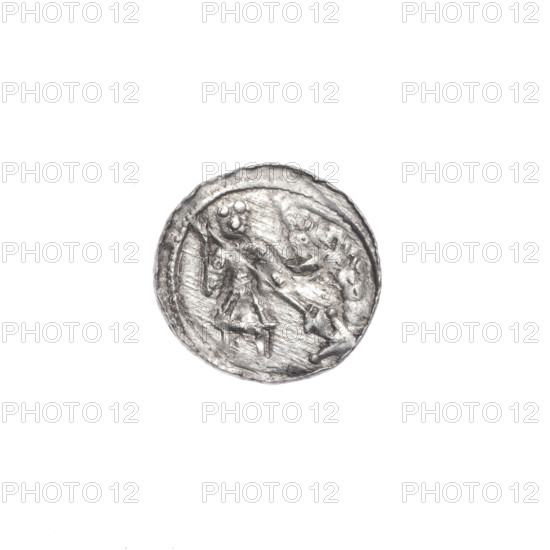 denarius, Boleslaw III Krzywousty (prince of Poland; 1107–1138), allegories, Boleslaw III Krzywousty (prince of Poland; 1086–1138), equal-armed cross, crosses, jaws, spearhead (issue mark), chain mail, martyrs, knight, dragons, Romanesque (style), jaws, knights, dragon, Adalbert (Saint; ca. 956–997), Middle Ages, fight between good and evil, fight against pagans, spear, spears, Obv. In the beaded border, a knight in chain mail thrusting a spearhead into the jaws of a dragon turned upside down. Rv. In the triple beaded border, an isosceles cross topped with balls (two of them with one dot each). Between its arms, one ball (three of them with one dot each)., ca. 1125–1138, Kraków, Poland, coin, diameter 12.4 mm, diameter 12.9 mm, weight 0.51 g