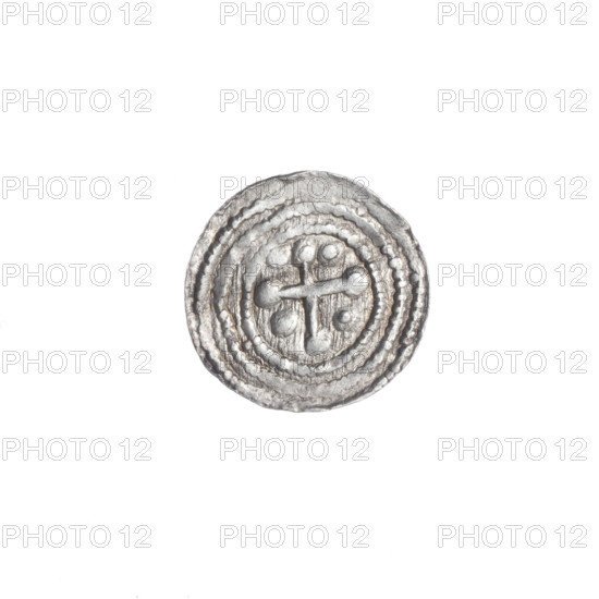 denarius, Boleslaw III Krzywousty (prince of Poland; 1086–1138), allegories, equal-armed cross, crosses, jaws, spearhead (issue mark), chain mail, martyrs, knight, dragons, Romanesque (style), Adalbert (Saint; ca. 956–997), Middle Ages, fight between good and evil, fight against pagans, spear, spears. Obv.: In the beaded border, a knight in chain mail thrusting a spearhead into the jaws of a dragon turned upside down. Rv.: In the triple beaded border, an isosceles cross topped with balls (two of them with one dot each). Between its arms, one ball (three of them with one dot each). ca. 1125–1138, Kraków, Poland. coin; diameter 12.4–12.9 mm; weight 0.51 g.