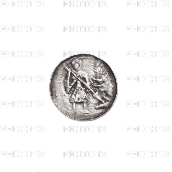 denarius, Boleslaw III Krzywousty (prince of Poland; 1107–1138), allegories, Boleslaw III Krzywousty (prince of Poland; 1086–1138), equal-armed cross, spearhead (issue mark), crosses, chain mail, mouth, knight, martyrs, Romanesque (style), dragons, knights, dragon, Middle Ages, Adalbert (Saint; ca. 956–997), fight against pagans, fight between good and evil, spear, spears. Obv. In the linear border, a knight in chain mail thrusting a spearhead into the jaws of a dragon turned upside down. Rv. In the triple beaded border, an isosceles cross topped with balls (three of them with one dot each). Between its arms, one ball. ca. 1125–1138. Poland, Kraków. Coin; diameter 12.1–12.5 mm; weight 0.41 g.