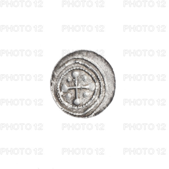 Denarius, Boleslaw III Krzywousty (prince of Poland; 1086–1138). Obverse: in a linear border, a knight in chain mail thrusting a spearhead into the jaws of an upside-down dragon. Reverse: in a triple beaded border, an isosceles cross topped with balls (three with one dot each); between its arms, one ball. Allegorical imagery referencing Adalbert (Saint; ca. 956–997), knights, martyrs, and the fight against pagans (struggle between good and evil). Romanesque style, Middle Ages, ca. 1125–1138. Coin (denarius), Poland, Kraków. Diameter 12.1–12.5 mm, weight 0.41 g.