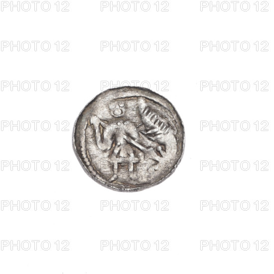 Denarius of Boleslaw III Krzywousty (prince of Poland; 1107–1138). Obverse: in a beaded border, a knight in chain mail thrusting a spearhead into the jaws of an upside-down dragon; depiction evokes Adalbert/martyrdom and the fight between good and evil. Reverse: in a triple beaded border, an isosceles (equal-armed) cross topped with balls; at the intersection of the arms a ball, with one dot between each arm; one arm intersects the other at approximately 1/3 of its length. Romanesque style; ca. 1125–1138; Kraków, Poland. Coin; diameter 12.5–12.9 mm; weight 0.54 g.