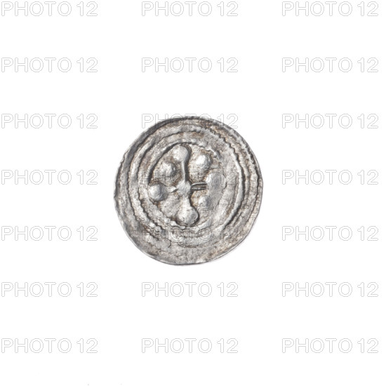 denarius, Boleslaw III Krzywousty (prince of Poland; 1107–1138), allegories, Boleslaw III Krzywousty (prince of Poland; 1086–1138), spearhead (issue mark), equal-armed cross, crosses, chain mail, chain mails, mouth, knight, martyrs, Romanesque (style), dragons, knights, mouths, dragon, Adalbert (Saint; ca. 956–997), Middle Ages, fight between good and evil, spears, spear, Obv. In the beaded border, a knight in chain mail thrusting a spearhead into the jaws of a dragon turned upside down. Rv. In the triple beaded border, an isosceles cross topped with balls. At the intersection of the arms, a ball. Between them, one ball. ca. 1125–1138, Poland, Kraków, coin, diameter 11.9–12.1 mm, weight 0.42 g