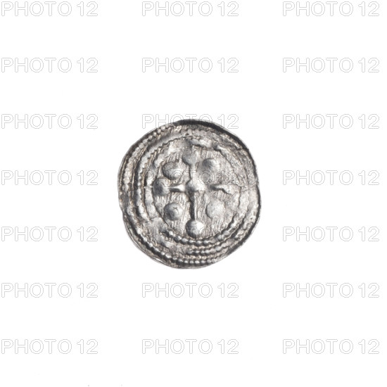 Denarius, Boleslaw III Krzywousty (prince of Poland; 1086–1138). Obverse: in the beaded border, a knight in chain mail thrusting a spearhead into the jaws of an upside-down dragon. Reverse: in the triple beaded border, an isosceles cross topped with balls; at the intersection of the arms, a ball with a dot; between the arms, one ball (one with a dot). Iconography: chain mail, spearhead (issue mark), equal-armed cross, crosses, jaws, knight, martyrs, dragons, Romanesque style, Middle Ages, fight between good and evil, fight against pagans, spears; depiction related to Saint Adalbert (ca. 956–997). Date: ca. 1125–1138. Place: Poland, Kraków. Type: coin. Diameter: 11.3–12.2 mm. Weight: 0.35 g.