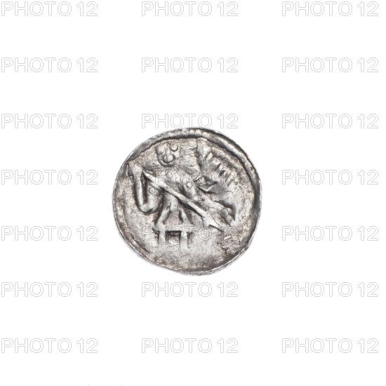Denarius, Boleslaw III Krzywousty (prince of Poland; 1086–1138). Obverse: in the beaded border, a knight in chain mail thrusting a spearhead into the jaws of an upside-down dragon. Reverse: in the triple beaded border, an isosceles cross topped with balls; between its arms, one ball (two of them with one dot). Iconography: spearhead, equal-armed cross, crosses, jaws, chain mail, martyrs, knight, dragons, fight between good and evil, fight against pagans, Adalbert (Saint; ca. 956–997). Romanesque style. Date ca. 1125–1138. Poland, Kraków. Coin (denarius). Diameter 12.0–12.2 mm. Weight 0.46 g.