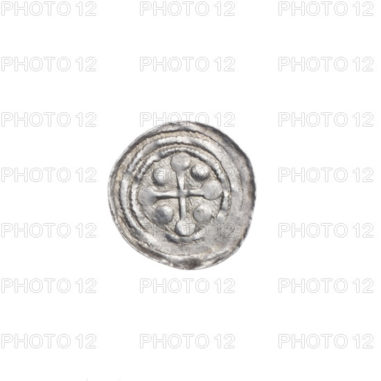 denarius, Boleslaw III Krzywousty (prince of Poland; 1086–1138), allegories, spearhead (issue mark), equal-armed cross (iconographic), crosses, jaws (iconographic), chain mail (iconographic), chain mails, martyrs, knight (iconographic), Romanesque (style), jaws, dragons, knights, dragon (iconographic), fight between good and evil (iconographic), Middle Ages, fight against pagans (iconographic), Adalbert (Saint; ca. 956–997), spear (iconographic), spears. Obv. In the beaded border, a knight in chain mail thrusting a spearhead into the jaws of a dragon turned upside down. Rv. In the triple beaded border, an isosceles cross topped with balls. Between its arms, one ball (two of them with one dot). ca. 1125–1138, Poland, Kraków, coin, diameter 12.0–12.2 mm, weight 0.46 g