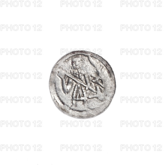 Denarius of Boleslaw III Krzywousty (prince of Poland; ca. 1107–1138), ca. 1125–1138. Obverse: in a beaded border, a knight in chain mail thrusting a spearhead into the jaws of an upside-down dragon. Reverse: in a triple beaded border, an isosceles cross topped with balls; between its arms, one ball (one dot on each). Allegorical Romanesque imagery — knight, dragons, fight between good and evil, fight against pagans; references to martyrs and Saint Adalbert. Spear/spearhead iconography. Coin; Poland, Kraków. Diameter 12.7–13.1 mm; weight 0.47 g.