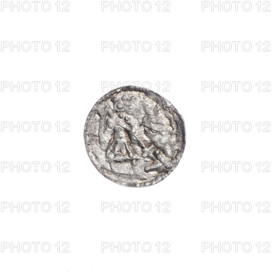denarius, Boleslaw III Krzywousty (prince of Poland; 1086–1138), allegories, crosses, equal-armed cross, chain mail, mouth, martyrs, spearhead (issue mark), knight, dragons, Romanesque (style), Middle Ages, fight against pagans, fight between good and evil, spear, Adalbert (Saint; ca. 956–997), spears. Obv. In the beaded border, a knight in chain mail thrusting a spearhead into the jaws of an upside-down dragon. Rv. In the triple beaded border, an isosceles cross topped with balls; between its arms, one ball (three of them with one dot). ca. 1125–1138. Poland, Kraków. Coin. Diameter 11.2–11.6 mm. Weight 0.29 g.