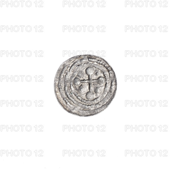 denarius, Boleslaw III Krzywousty (prince of Poland; 1086–1138), allegories, crosses, equal-armed cross, chain mail, mouth, martyrs, spearhead (issue mark), knight, dragons, Romanesque (style), Middle Ages, fight against pagans, fight between good and evil, spear, Adalbert (Saint; ca. 956–997), spears. Obv. In the beaded border, a knight in chain mail thrusting a spearhead into the jaws of a dragon turned upside down. Rv. In the triple beaded border, an isosceles cross topped with balls; between its arms, one ball (three of them with one dot). ca. 1125–1138. Poland, Kraków. Coin. Diameter 11.2–11.6 mm. Weight 0.29 g.