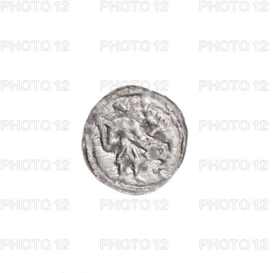 denarius, Boleslaw III Krzywousty (prince of Poland; 1086–1138), allegories, spearhead (issue mark), chain mail (iconographic), equal-armed cross (iconographic), crosses, jaws (iconographic), martyrs, knight (iconographic), Romanesque (style), jaws, dragons, knights, dragon (iconographic), Middle Ages, fight between good and evil (iconographic), Adalbert (Saint; ca. 956–997), fight against pagans (iconographic), spears, spear (iconographic). Obv.: In the beaded border, a knight in chain mail thrusting a spearhead into the jaws of a dragon turned upside down. Rv.: In the triple beaded border, an isosceles cross topped with balls; between its arms, one ball. ca. 1125–1138, Poland, Kraków, coin, diameter 12.1–12.6 mm, weight 0.39 g