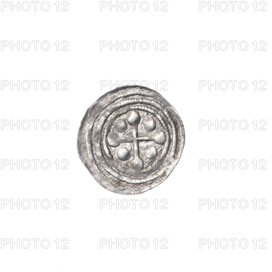 denarius, Boleslaw III Krzywousty (prince of Poland; 1086–1138), allegories, spearhead (issue mark), chain mail (iconographic), equal-armed cross (iconographic), crosses, jaws (iconographic), martyrs, knight (iconographic), Romanesque (style), jaws, dragons, knights, dragon (iconographic), Middle Ages, fight between good and evil (iconographic), Adalbert (Saint; ca. 956–997), fight against pagans (iconographic), spears, spear (iconographic). Obv.: In the beaded border, a knight in chain mail thrusting a spearhead into the jaws of a dragon turned upside down. Rv.: In the triple beaded border, an isosceles cross topped with balls; between its arms, one ball. Ca. 1125–1138. Poland, Kraków. Coin. Diameter 12.1–12.6 mm. Weight 0.39 g.