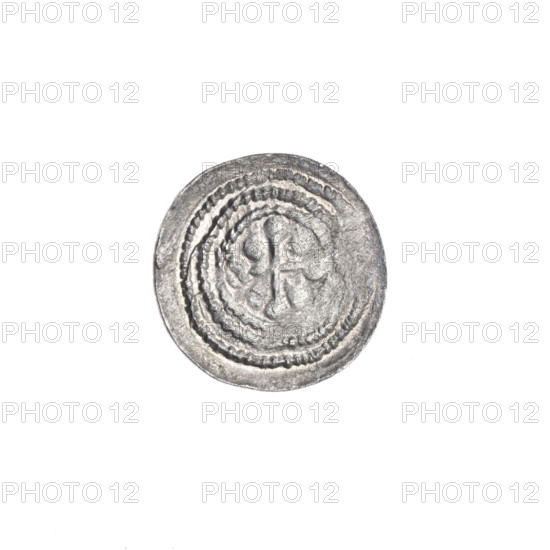 denarius, Boleslaw III Krzywousty (prince of Poland; 1086–1138 / reign 1107–1138), allegories, equal-armed cross, spearhead (issue mark), chain mail, crosses, martyrs, jaws, knight, Romanesque (style), dragons, dragon, knights, Middle Ages, fight between good and evil, Adalbert (Saint; ca. 956–997), fight against pagans, spear, spears. Obv.: in the beaded border, a knight in chain mail thrusting a spearhead into the jaws of a dragon turned upside down. Rv.: in the triple beaded border, an isosceles cross topped with balls; between its arms, one ball. ca. 1125–1138, Poland, Kraków, coin; diameter 13.3–13.9 mm; weight 0.40 g