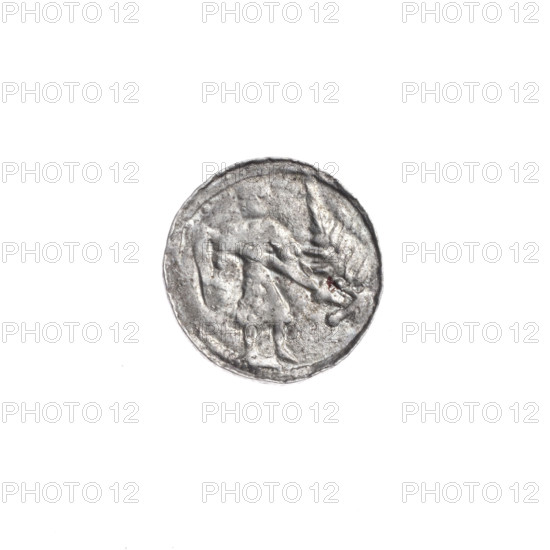 denarius, Boleslaw III Krzywousty (prince of Poland; 1107–1138), allegories, Boleslaw III Krzywousty (prince of Poland; 1086–1138), spearhead (issue mark), equal-armed cross, chain mail, chain mails, martyrs, knight, crosses, Romanesque (style), dragons, dragon, knights, jaws, jaw, Middle Ages, fight between good and evil, Adalbert (Saint; ca. 956–997), fight against pagans, spears, spear. Obv.: In the beaded border, a knight in chain mail thrusting a spearhead into the jaws of a dragon turned upside down. Rv.: In the triple beaded border, an isosceles cross topped with balls; between its arms, one ball. ca. 1125–1138; Poland, Kraków; coin; diameter 12.2–12.9 mm; weight 0.50 g