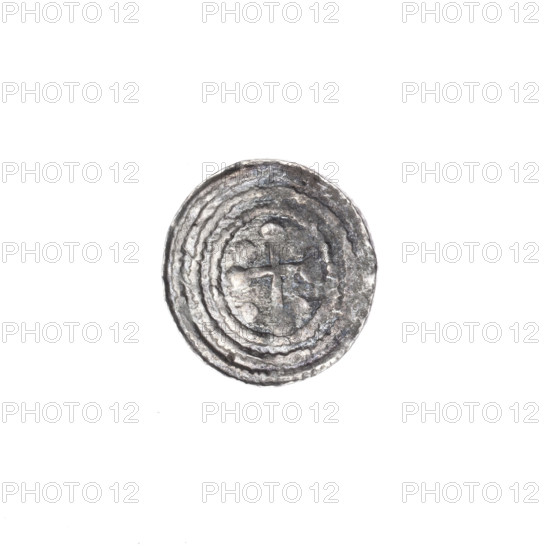 Denarius, Boleslaw III Krzywousty (prince of Poland; 1086–1138). Obverse: in the beaded border, a knight in chain mail thrusting a spearhead into the jaws of an upside-down dragon. Reverse: in the triple beaded border, an isosceles cross topped with balls; between its arms, one ball. Allegorical imagery: knights, chain mail, spear/spearhead, dragons, fight between good and evil; Romanesque style; references to martyrs and Saint Adalbert (ca. 956–997). Date: ca. 1125–1138. Place: Poland, Kraków. Coin; diameter 12.2–12.9 mm; weight 0.50 g.