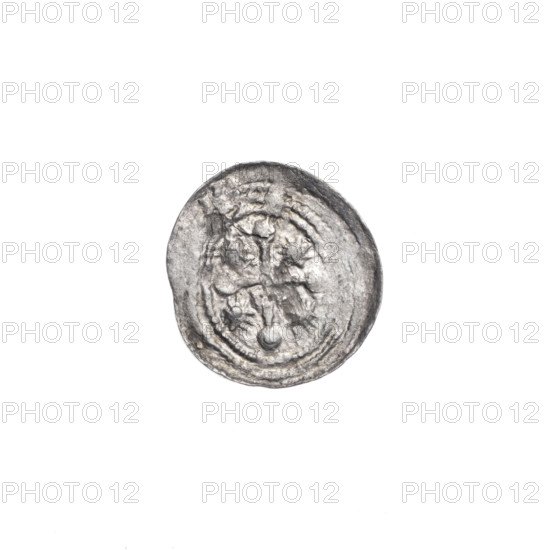 denarius, Boleslaw III Krzywousty (prince of Poland; 1107–1138), allegories, Boleslaw III Krzywousty (prince of Poland; 1086–1138), spearhead (issue mark), chain mail (iconographic), crosses, equal-armed cross (iconographic), chain mail, jaws (iconographic), knight (iconographic), martyrs, Romanesque (style), dragons, jaws, knights, dragon (iconographic), Middle Ages, fight between good and evil (iconographic), fight against pagans (iconographic), spear (iconographic), Adalbert (Saint; ca. 956–997), spears, Obv. In the beaded border, a knight in chain mail thrusting a spearhead into the jaws of a dragon turned upside down. Under the knight's right elbow, three dots in a triangular arrangement, under the left elbow, two in a vertical straight line. Rv. In the triple beaded border, an isosceles cross topped with balls. Between its arms, one sun. ca. 1125–1138, Poland, Kraków, coin, diameter 12.1–12.9 mm, weight 0.42 g