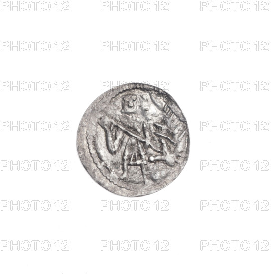 Denarius of Boleslaw III Krzywousty (prince of Poland; ca. 1086–1138), Romanesque. Obverse (beaded border): a knight in chain mail thrusting a spearhead into the jaws of an upside-down dragon; a dot on the knight's belt. Reverse (triple beaded border): an isosceles cross topped with spheres (three with one dot each); between its arms three spheres (two with one dot each) and a dot. Iconography: allegories, knights, dragon, fight between good and evil, fight against pagans; spear (issue mark). Date: ca. 1125–1138. Place: Kraków, Poland. Coin (denarius). Diameter: 12.8–13.2 mm. Weight: 0.47 g.