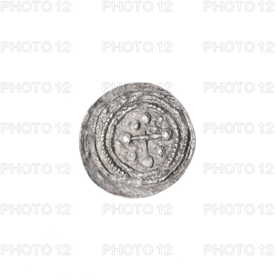 denarius, Boleslaw III Krzywousty (prince of Poland; 1086–1138), allegorical imagery, equal-armed cross, spearhead (issue mark), crosses, jaws, chain mail, knight, dragons, Romanesque style, knights, dragon, martyrs, Middle Ages, fight against pagans, Adalbert (Saint; ca. 956–997), fight between good and evil, spears, spear (iconographic). Obv.: In the beaded border, a knight in chain mail thrusting a spearhead into the jaws of an upside-down dragon; a dot on the knight's belt. Rv.: In the triple beaded border, an isosceles cross topped with spheres (three of them with one dot each); between its arms, three spheres (two of them with one dot each) and a dot. ca. 1125–1138; Poland, Kraków; coin; diameter 12.8–13.2 mm; weight 0.47 g.