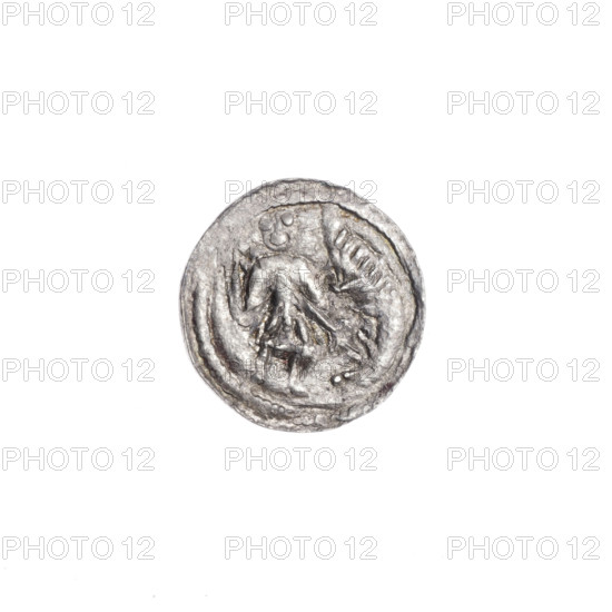 Denarius of Boleslaw III Krzywousty (prince of Poland; r. 1107–1138). Obverse (in beaded border): a knight in chain mail thrusting a spearhead into the jaws of an inverted dragon. Reverse (in triple beaded border): an equal-armed (isosceles) cross topped with balls; a ball between its arms. Allegorical imagery: knight, dragon, fight against pagans, battle between good and evil; Romanesque style; references to martyrs and Saint Adalbert (ca. 956–997). Issue mark: spearhead. Date: ca. 1125–1138. Place: Kraków, Poland. Coin (denarius). Diameter ca. 12.6–12.9 mm. Weight ca. 0.34 g.