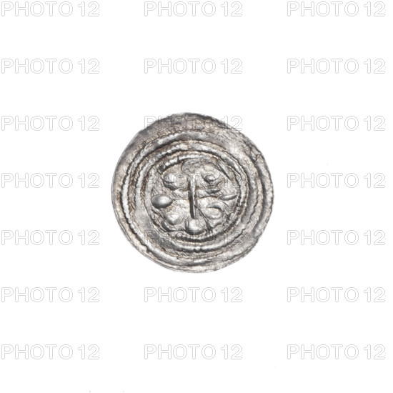 denarius, Boleslaw III Krzywousty (prince of Poland; 1107–1138), allegories, equal-armed cross, crosses, chain mail, spearhead (issue mark), mouth, knight, martyrs, Romanesque (style), mouths, dragons, knights, dragon, fight against pagans, fight between good and evil, Middle Ages, Adalbert (Saint; ca. 956–997), spear, spears. Obv. In the beaded border, a knight in chain mail thrusting a spearhead into the jaws of a dragon turned upside down. Rv. In the triple beaded border, an isosceles cross topped with balls; between its arms, one ball. ca. 1125–1138. Poland, Kraków. Coin. Diameter 12.6–12.9 mm. Weight 0.34 g.