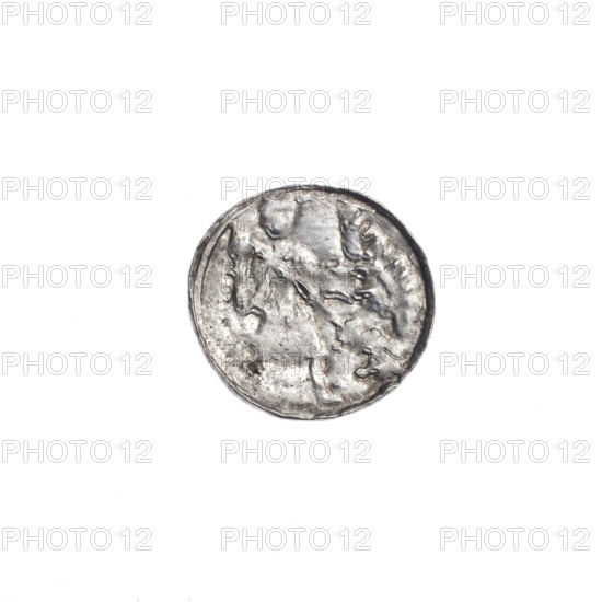 denarius, Boleslaw III Krzywousty (prince of Poland; 1107–1138), allegories, equal-armed cross, crosses, jaws, spearhead (issue mark), chain mail, martyrs, knight, dragons, Romanesque (style), dragon, Adalbert (Saint; ca. 956–997), Middle Ages, fight against pagans, fight between good and evil, spear, spears, Obv. In the linear border, a knight in chain mail thrusting a spearhead into the jaws of a dragon turned upside down. On the outer side, above the knight's left foot, a dot. Rv. In the triple beaded border, an isosceles cross topped with balls. Between its arms, one ball. ca. 1125–1138, Poland, Kraków, coin, diameter 12.2–12.8 mm, weight 0.38 g