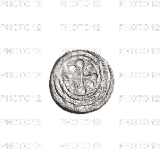 denarius, Boleslaw III Krzywousty (prince of Poland; 1086–1138), allegories, equal-armed cross, crosses, jaws, spearhead (issue mark), chain mail, martyrs, knight, dragons, Romanesque (style), jaws, knights, dragon, Adalbert (Saint; ca. 956–997), Middle Ages, fight against pagans, fight between good and evil, spear, spears; Obv. In the linear border, a knight in chain mail thrusting a spearhead into the jaws of a dragon turned upside down. On the outer side, above the knight's left foot, a dot. Rv. In the triple beaded border, an isosceles cross topped with balls. Between its arms, one ball. ca. 1125–1138, Poland, Kraków, coin, diameter 12.2–12.8 mm, weight 0.38 g