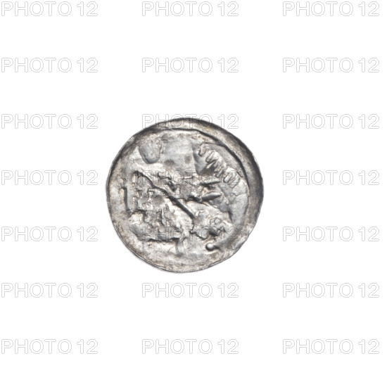 denarius, Boleslaw III Krzywousty (prince of Poland; 1086–1138), allegories, spearhead (issue mark), chain mail (iconographic), crosses, jaws (iconographic), martyrs, dragons, Romanesque (style), knight (iconographic), dragon (iconographic), Middle Ages, fight between good and evil (iconographic), spear (iconographic), spears, fight against pagans (iconographic), Adalbert (Saint; ca. 956–997). Obv.: In the linear border, a knight in chain mail thrusting a spearhead into the jaws of a dragon turned upside down. Rv.: In the triple beaded border, an isosceles cross topped with balls; between its arms, one ball (two of them with one dot). One arm intersects the other at approximately 1/3 of its length. ca. 1125–1138. Poland, Kraków. Coin. Diameter 12.2–12.8 mm. Weight 0.37 g.
