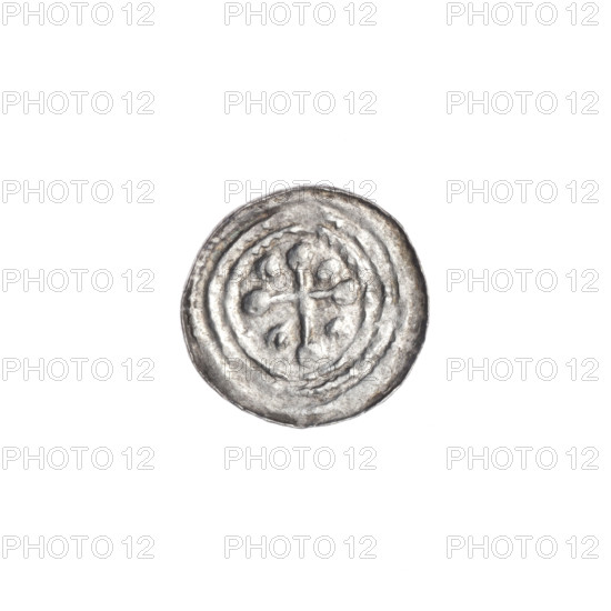 denarius, Boleslaw III Krzywousty (prince of Poland; 1086–1138), allegories, spearhead (issue mark), chain mail (iconographic), crosses, jaws (iconographic), martyrs, dragons, Romanesque (style), knight (iconographic), Middle Ages, fight between good and evil (iconographic), spear (iconographic), fight against pagans (iconographic), Adalbert (Saint; ca. 956–997). Obverse: in the linear border, a knight in chain mail thrusting a spearhead into the jaws of a dragon turned upside down. Reverse: in the triple beaded border, an isosceles cross topped with balls; between its arms, one ball (two of them with one dot); one arm intersects the other at approximately 1/3 of its length. Ca. 1125–1138. Poland, Kraków. Coin. Diameter 12.2–12.8 mm. Weight 0.37 g.