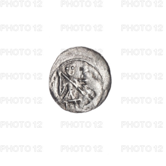 denarius, Boleslaw III Krzywousty (prince of Poland; 1107–1138), allegories, equal-armed cross, spearhead (issue mark), chain mail, crosses, mouth, martyrs, knight, dragons, Romanesque (style), knights, dragon, fight between good and evil, Middle Ages, spear, fight against pagans, mouths, spears, Adalbert (St.; ca. 956–997). Obv.: In the linear border, a knight in chain mail thrusting a spearhead into the jaws of a dragon turned upside down; a sun under the knight's right elbow. Rv.: In the triple beaded border, an isosceles cross topped with suns; between its arms, in three quarters, two radiating spheres (smaller ones closer to the center, the other larger), in the fourth quarter only a large sphere; one arm intersects the other at approximately 1/3 of its length. c. 1125–1138. Poland, Kraków. Coin. Diameter 11.9–12.4 mm. Weight 0.32 g.