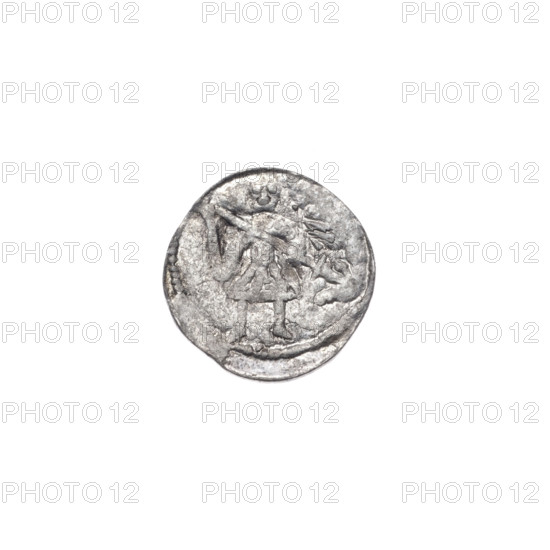 Denarius of Boleslaw III Krzywousty (prince of Poland; c. 1107–1138). Obverse: in a beaded border, a knight in chain mail thrusting a spearhead (issue mark) into the jaws of an upside-down dragon. Reverse: in a triple beaded border, an isosceles equal-armed cross topped with spheres; between its arms, two radiating smaller spheres in two quarters and one larger sphere in the other two quarters; one arm intersects the other at approximately one-third of its length. Romanesque style; allegorical imagery referencing martyrs (St. Adalbert, ca. 956–997), knights, dragons, and the medieval theme of the fight between good and evil. Dated c. 1125–1138, Kraków, Poland. Coin; diameter 11.5–12.2 mm; weight 0.42 g.