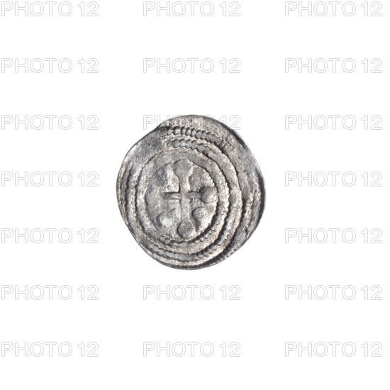 denarius, Boleslaw III Krzywousty (prince of Poland; 1107–1138), allegories, Boleslaw III Krzywousty (prince of Poland; 1086–1138), crosses, equal-armed cross, chain mail, spearhead (issue mark), jaw, chain mail, knight, martyrs, Romanesque (style), dragons, jaws, knights, dragon, Adalbert (St.; ca. 956–997), fight against pagans, Middle Ages, fight between good and evil, spear, spears. Obv. In the beaded border, a knight in chain mail thrusting a spearhead into the jaws of a dragon turned upside down. Rv. In the triple beaded border, an isosceles cross topped with spheres. Between its arms, in two quarters, two radiating spheres (smaller ones closer to the center of the cross, larger ones), and in the other two quarters, one larger sphere. One arm intersects the other at approximately 1/3 of its length. c. 1125–1138, Kraków, Poland; coin; diameter 11.5–12.2 mm; weight 0.42 g.