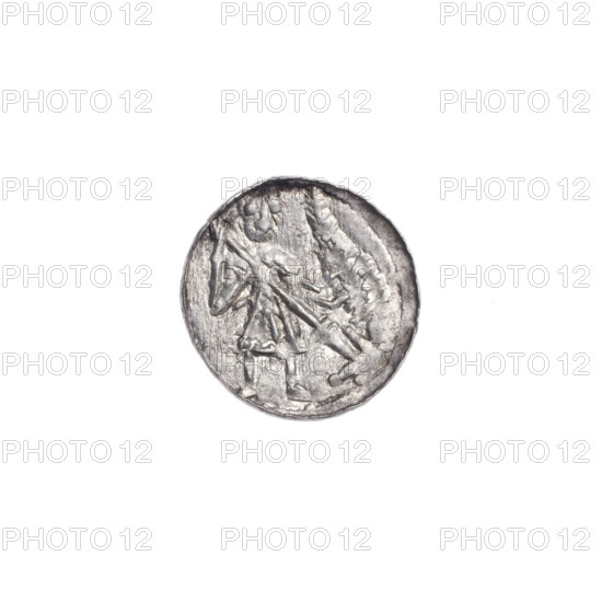 denarius, Boleslaw III Krzywousty (prince of Poland; 1086–1138), allegories, chain mail (iconographic), crosses, spearhead (issue mark), equal-armed cross (iconographic), jaws (iconographic), knight (iconographic), martyrs, Romanesque (style), knights, jaws, dragons, dragon (iconographic), Adalbert (Saint; ca. 956–997), fight between good and evil (iconographic), spear (iconographic), Middle Ages, fight against pagans (iconographic), spears. Obverse: in the beaded border, a knight in chain mail thrusting a spearhead into the jaws of an upside-down dragon. Reverse: in the triple beaded border, an isosceles cross topped with balls; between its arms, one ball. ca. 1125–1138. Poland, Kraków. Coin. Diameter 12.3–12.8 mm. Weight 0.40 g.
