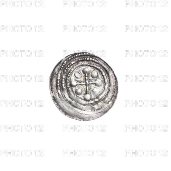 denarius, Boleslaw III Krzywousty (prince of Poland; 1107–1138), allegories, Boleslaw III Krzywousty (prince of Poland; 1086–1138), chain mail (iconographic), crosses, spearhead (issue mark), chain mail, equal-armed cross (iconographic), jaws (iconographic), knight (iconographic), martyrs, Romanesque (style), knights, jaws, dragons, dragon (iconographic), Adalbert (Saint; ca. 956–997), fight between good and evil (iconographic), spear (iconographic), Middle Ages, fight against pagans (iconographic), spears, very good (state of preservation). Obv.: In the beaded border, a knight in chain mail thrusting a spearhead into the jaws of a dragon turned upside down. Rv.: In the triple beaded border, an isosceles cross topped with balls; between its arms, one ball. ca. 1125–1138. Poland, Kraków. Coin. Diameter 12.3–12.8 mm. Weight 0.40 g.