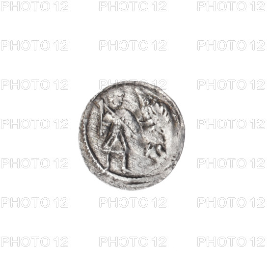 denarius, Boleslaw III Krzywousty (prince of Poland; 1086–1138), allegories, equal-armed cross, crosses, jaws, martyrs, spearhead (issue mark), chain mail, knight, Romanesque (style), dragons, dragon, Middle Ages, fight between good and evil, fight against pagans, Adalbert (Saint; ca. 956–997), spear, spears. Obv.: In the beaded border, a knight in chain mail thrusting a spearhead into the jaws of an upside-down dragon. Rv.: In the triple beaded border, an isosceles cross topped with spheres; between its arms radiate two spheres (smaller ones closer to the center, larger ones—one with a dot). ca. 1125–1138. Poland, Kraków. Coin. Diameter 12.3–12.9 mm. Weight 0.38 g.