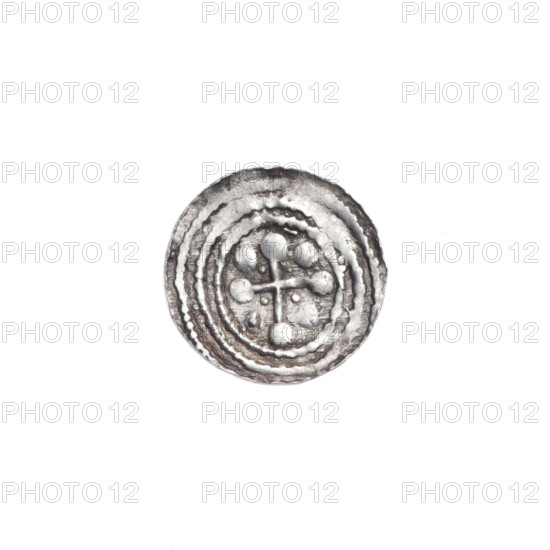 Denarius, Boleslaw III Krzywousty (prince of Poland; 1107–1138). Obverse: in the beaded border, a knight in chain mail thrusting a spearhead into the jaws of a dragon turned upside down. Reverse: in the triple beaded border, an isosceles cross topped with spheres; between its arms radiate two spheres (smaller ones closer to the center, larger ones—one with a dot). Allegorical imagery referencing knights, dragons, fight between good and evil, fight against pagans, and Saint Adalbert. Romanesque style. Issue mark: spearhead. Date: ca. 1125–1138. Poland, Kraków. Coin (denarius). Diameter: 12.3–12.9 mm. Weight: 0.38 g.