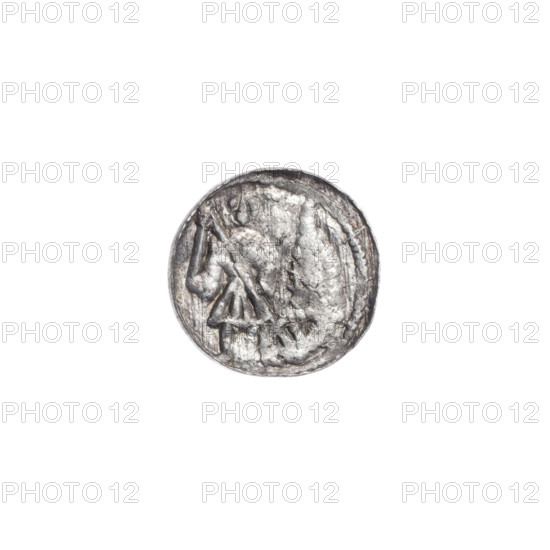 denarius, Boleslaw III Krzywousty (prince of Poland; 1086–1138), allegories, spearhead (issue mark), equal-armed cross (iconographic), crosses, chain mail (iconographic), jaws (iconographic), chain mails, martyrs, Romanesque (style), dragons, knights, knight (iconographic), dragon (iconographic), Middle Ages, fight between good and evil (iconographic), fight against pagans (iconographic), spear (iconographic), Adalbert (Saint; ca. 956–997), spears. Obv.: In the beaded border, a knight in chain mail thrusting a spearhead into the jaws of a dragon turned upside down. Rv.: In the triple beaded border, an isosceles cross topped with balls; at the intersection of the arms, a ball; between the arms, one ball. ca. 1125–1138, Poland, Kraków; coin; diameter 11.8–12.3 mm; weight 0.39 g.