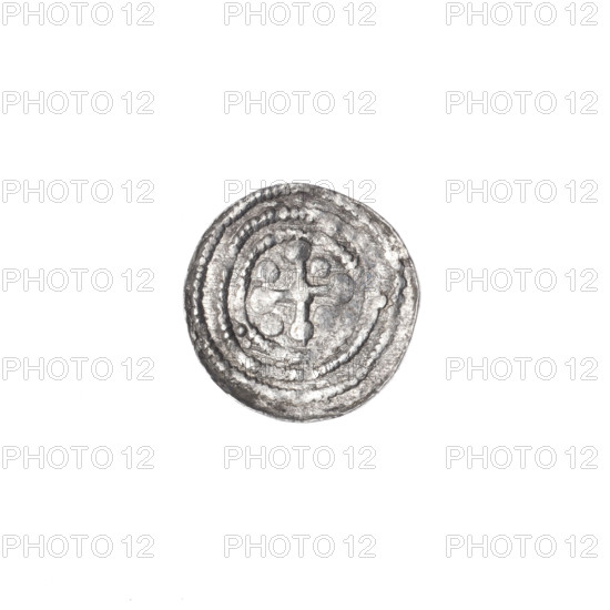 denarius, Boleslaw III Krzywousty (prince of Poland; 1086–1138), allegories, spearhead (issue mark), equal-armed cross (iconographic), crosses, chain mail (iconographic), jaws (iconographic), chain mails, martyrs, Romanesque (style), dragons, knights, knight (iconographic), jaws, dragon (iconographic), Middle Ages, fight between good and evil (iconographic), fight against pagans (iconographic), spear (iconographic), Adalbert (Saint; ca. 956–997). Obv.: in the beaded border, a knight in chain mail thrusting a spearhead into the jaws of a dragon turned upside down. Rv.: in the triple beaded border, an isosceles cross topped with balls; at the intersection of the arms, a ball, with one ball between the arms. ca. 1125–1138; Poland, Kraków; coin; diameter 11.8–12.3 mm; weight 0.39 g.