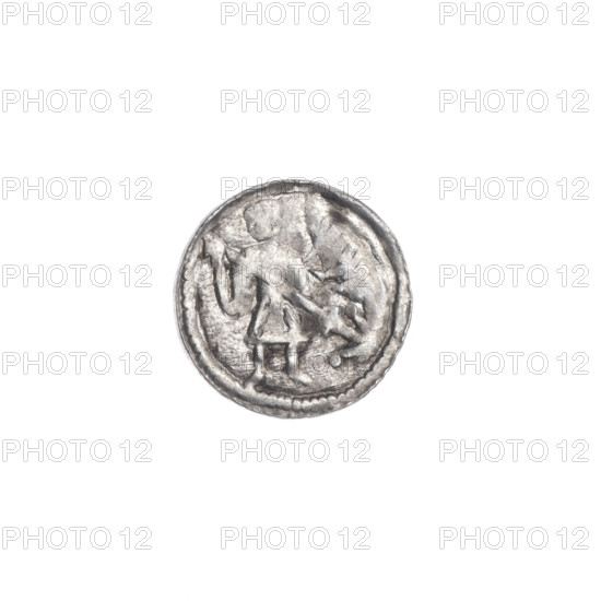 Denarius, Boleslaw III Krzywousty (prince of Poland; 1107–1138). Obverse: in the beaded border, a knight in chain mail thrusting a spearhead into the jaws of a dragon turned upside down. Reverse: in the triple beaded border, an isosceles cross topped with balls; at the intersection of the arms, a ball; between them, one ball; in one quarter, near the ball at the end of the cross arm, a dot; one arm intersects the other at approximately 1/3 of its length. Allegorical Romanesque imagery: equal-armed cross, spearhead (issue mark), chain mail, jaws, knight, dragons, martyrs, knights, Middle Ages, fight between good and evil, fight against pagans, spears, Adalbert (Saint; ca. 956–997). Date: ca. 1125–1138. Place: Poland, Kraków. Coin; diameter 12.2–12.6 mm; weight 0.38 g.