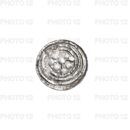 Denarius, Boleslaw III Krzywousty (prince of Poland; 1086–1138). Obverse (beaded border): a knight in chain mail thrusting a spearhead into the jaws of an upside-down dragon. Reverse (triple beaded border): an isosceles cross topped with balls; a ball at the intersection of the arms and one between them; a dot near the end of one cross arm; one arm intersects the other at approximately 1/3 of its length. Allegorical Romanesque imagery evoking martyrs, knights, fight between good and evil and fight against pagans; references to spears, chain mail and dragons; possible association with Saint Adalbert. Date: ca. 1125–1138. Place: Poland, Kraków. Coin; diameter 12.2–12.6 mm; weight 0.38 g.