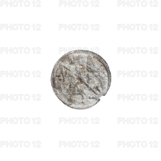 denarius, Boleslaw III Krzywousty (prince of Poland; 1107–1138), allegories, Boleslaw III Krzywousty (prince of Poland; 1086–1138), spearhead (issue mark), crosses, equal-armed cross, chain mail, jaws, chain mails, knight, Romanesque (style), dragons, knights, martyrs, jaws, dragon, fight between good and evil, Middle Ages, fight against pagans, Adalbert (Saint; ca. 956–997), spear, spears. Obv. In the beaded border, a knight in chain mail thrusting a spearhead into the jaws of a dragon turned upside down. Rv. In the triple beaded border, an isosceles cross topped with balls. At the intersection of the arms, a ball with a dot. Between them, one ball (two of them with one dot). ca. 1125–1138. Poland, Kraków. Coin. Diameter 11.1–11.8 mm. Weight 0.17 g.