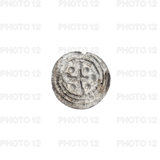 denarius, Boleslaw III Krzywousty (prince of Poland; 1086–1138), allegories, spearhead (issue mark), crosses, equal-armed cross, chain mail, jaws, knight, Romanesque (style), dragons, martyrs, dragon, fight between good and evil, Middle Ages, fight against pagans, Adalbert (Saint; ca. 956–997), spear, spears. Obv.: In the beaded border, a knight in chain mail thrusting a spearhead into the jaws of a dragon turned upside down. Rv.: In the triple beaded border, an isosceles cross topped with balls. At the intersection of the arms, a ball with a dot. Between the arms, one ball (two of them with one dot). ca. 1125–1138. Poland, Kraków. Coin. Diameter 11.1–11.8 mm. Weight 0.17 g.
