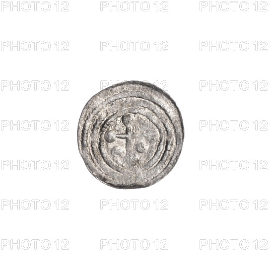 denarius, Boleslaw III Krzywousty (prince of Poland; 1086–1138), allegories, equal-armed cross, spearhead (issue mark), crosses, chain mail, martyrs, knight, jaws, Romanesque (style), dragons, knights, dragon, Middle Ages, fight against pagans, spear, spears, Adalbert (Saint; ca. 956–997), fight between good and evil. Obv. In the linear border, a knight in chain mail thrusting a spearhead into the jaws of a dragon turned upside down. Rv. In the triple beaded border, an isosceles cross topped with balls. Between its arms, three balls. One arm intersects the other at approximately 1/3 of its length. ca. 1125–1138, Kraków, Poland. Coin; diameter 12.1–12.6 mm; weight 0.30 g.